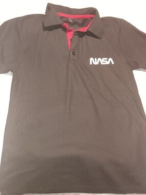 SHEIN Black Polo with Red Inner Placket and White NASA Logo